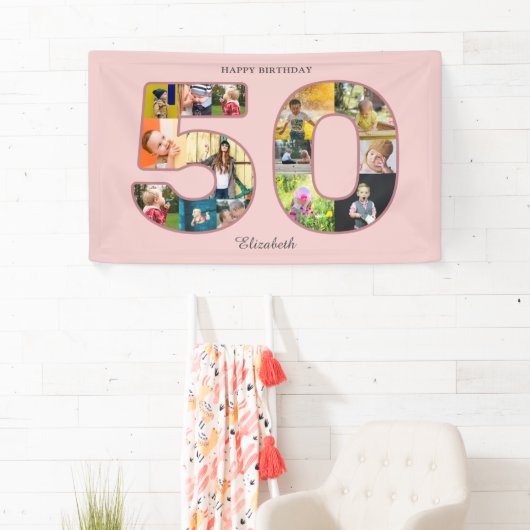 50歳の誕生日パーティー写真コラージュほこりっぽい赤面ピンク 横断幕 (インサイチュ)