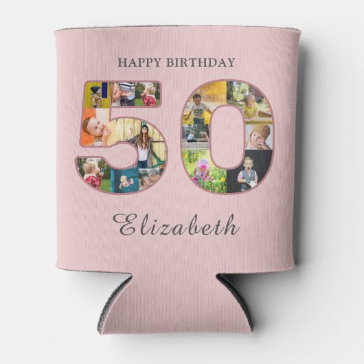 50歳の誕生日パーティー写真コラージュほこりっぽい赤面ピンク 缶クーラー (正面)