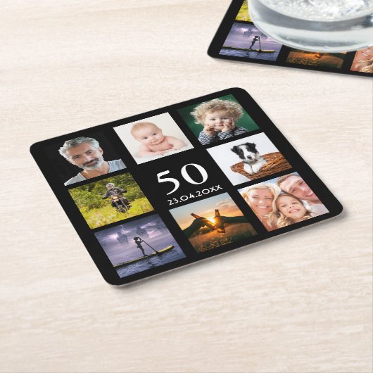 50歳の誕生日パーティー写真コラージュ男ブラック スクエアペーパーコースター (アングル)