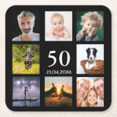 50歳の誕生日パーティー写真コラージュ男ブラック スクエアペーパーコースター (正面)