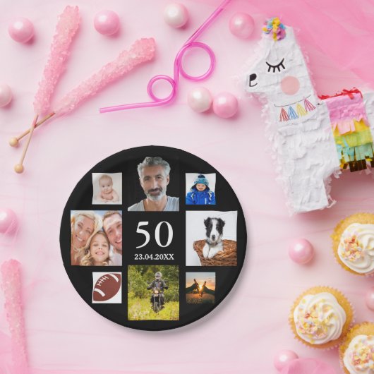 50歳の誕生日パーティー写真コラージュ男ブラック ペーパープレート (パーティー)