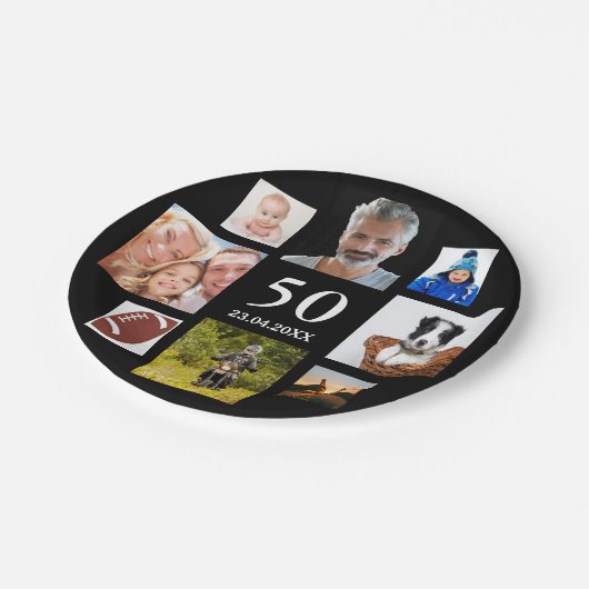 50歳の誕生日パーティー写真コラージュ男ブラック ペーパープレート (アングル)