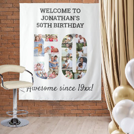 50歳の誕生日パーティー写真コラージュ背景 タペストリー