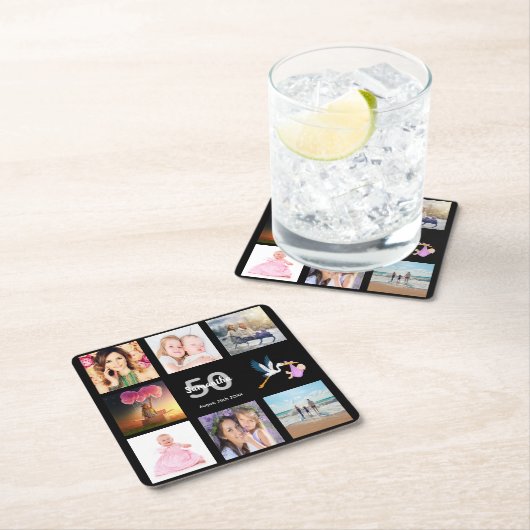 50歳の誕生日パーティー写真コラージュ黒 スクエアペーパーコースター (インサイチュ)