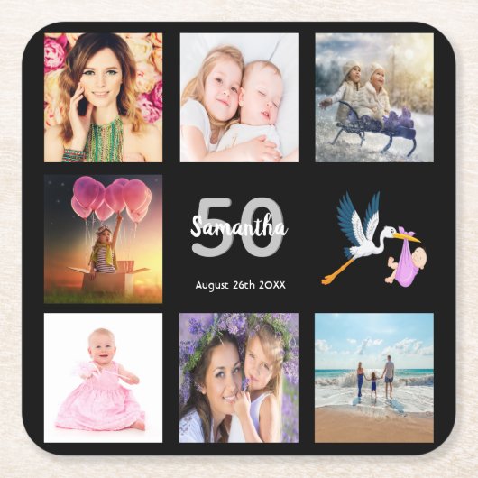50歳の誕生日パーティー写真コラージュ黒 スクエアペーパーコースター (正面)