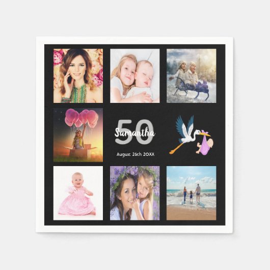 50歳の誕生日パーティー写真コラージュ黒 スタンダードカクテルナプキン (正面)