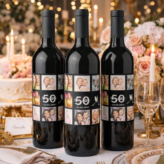 50歳の誕生日パーティー写真コラージュ黒 ワインラベル