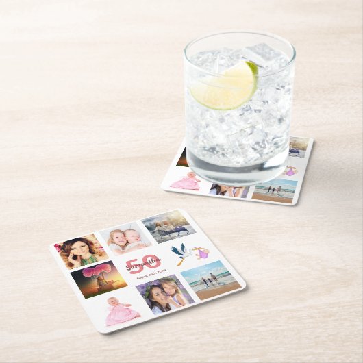 50歳の誕生日パーティー写真コラージュ スクエアペーパーコースター (インサイチュ)