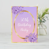 50歳の誕生日パーティー招待バラ金ゴールド紫 招待状 (スタンド正面)