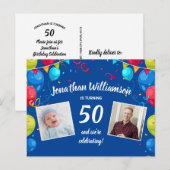 50歳の誕生日パーティー招待状、2枚の写真、風船 ポストカード (正面/裏面)