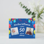 50歳の誕生日パーティー招待状、2枚の写真、風船 ポストカード (スタンド正面)
