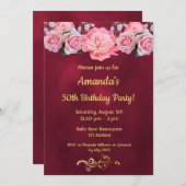 50歳の誕生日パーティー熱烈なピンクの花 招待状 (正面/裏面)