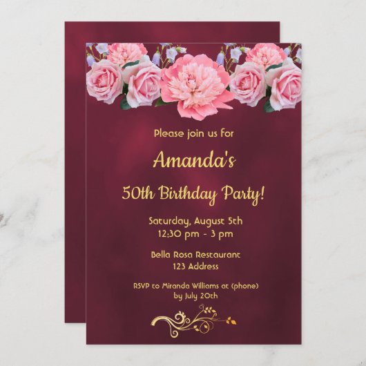 50歳の誕生日パーティー熱烈なピンクの花 招待状 (正面/裏面)
