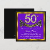 50歳の誕生日パーティー用パープル＆ゴールド 招待状 (正面/裏面)