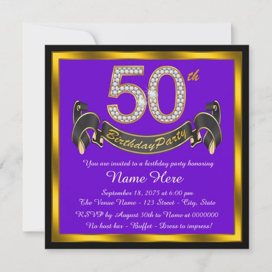 50歳の誕生日パーティー用パープル＆ゴールド 招待状 (正面)