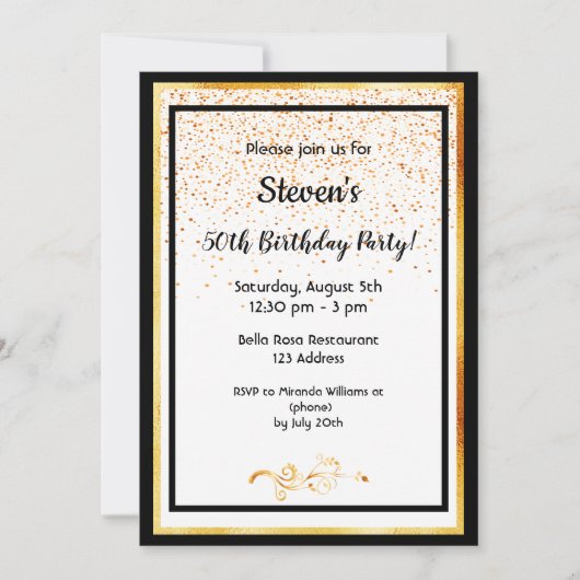 50歳の誕生日パーティー白黒とフェイク金ゴールド 招待状 (正面)