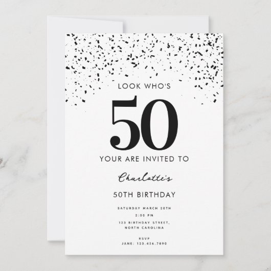 50歳の誕生日パーティー誰が50歳かモダン 招待状 (正面)