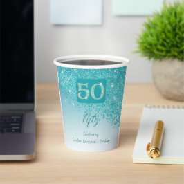 50歳の誕生日パーティー輝くターコイズブルーのラメ 紙コップ