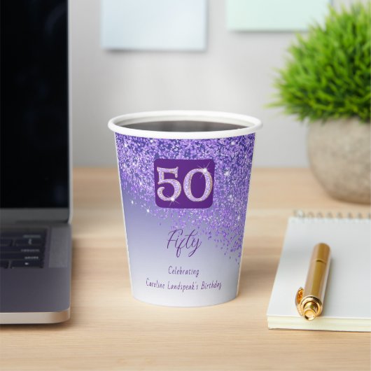 50歳の誕生日パーティー輝くパープルラメ 紙コップ (インサイチュ)