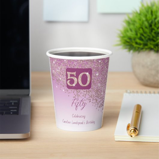 50歳の誕生日パーティー輝くローズゴールドのラメ 紙コップ (インサイチュ)