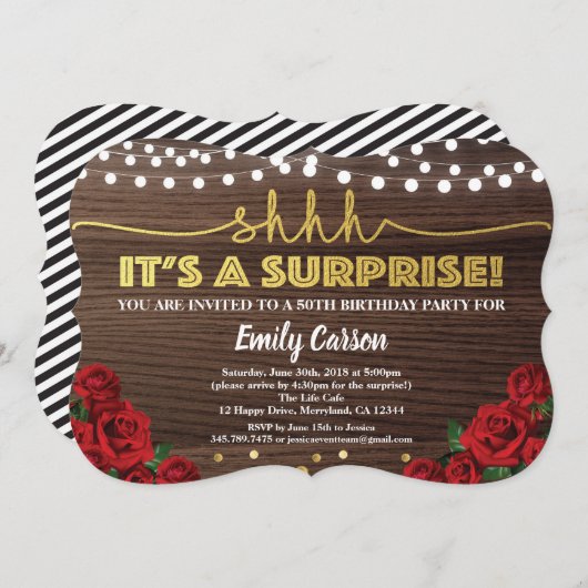 50歳の誕生日パーティー金ゴールドと赤 招待状 (正面/裏面)