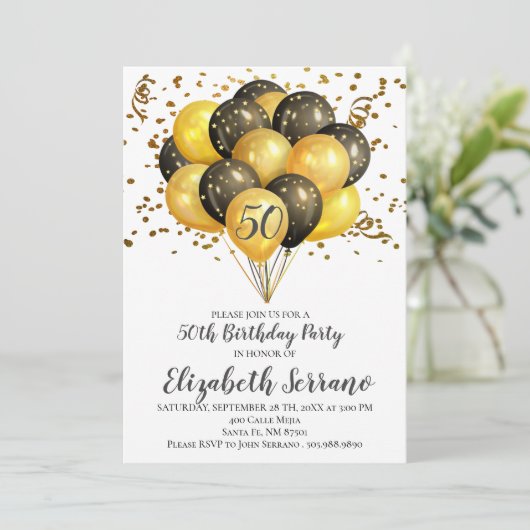 50歳の誕生日パーティー金ゴールドと黒い風船が白 招待状 (スタンド正面)