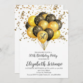 50歳の誕生日パーティー金ゴールドと黒い風船が白 招待状 (正面/裏面)