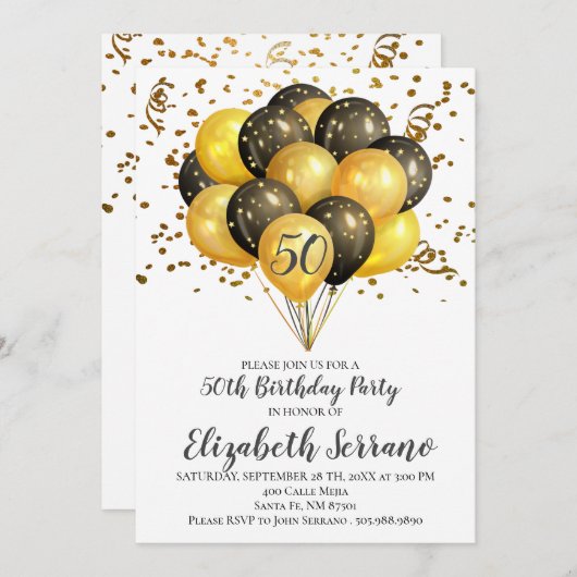50歳の誕生日パーティー金ゴールドと黒い風船が白 招待状 (正面/裏面)
