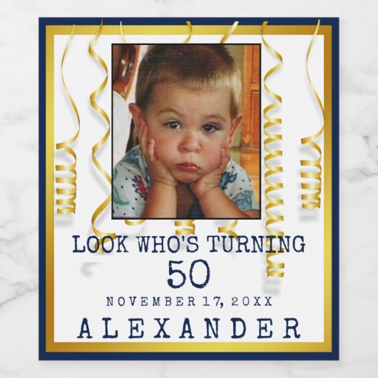 50歳の誕生日パーティー金ゴールド(写真の色を変更) ワインラベル (シングルラベル)