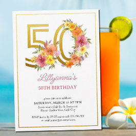 50歳の誕生日パーティー おしゃれな花とゴールドの数字50 招待状