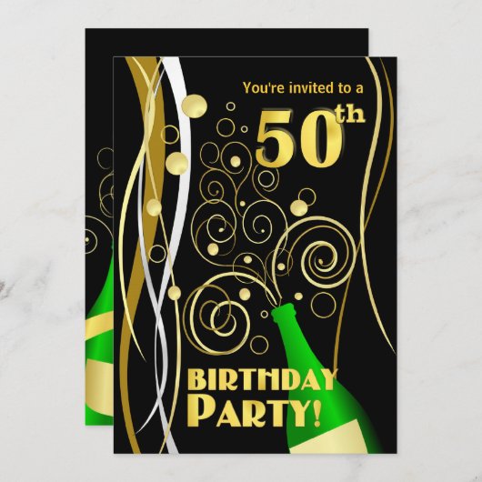 50歳の誕生日パーティー-おもしろいとフェスティバルシャンパン 招待状 (正面/裏面)