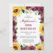 50歳の誕生日パーティー　ひまわり ワインレッドのバラのフレーム 招待状 (正面)