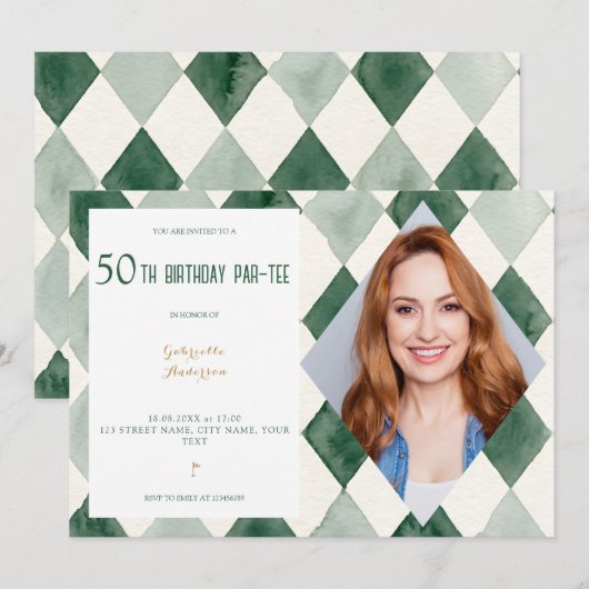 50歳の誕生日パーティー ウォーターカラーアーガイル ゴルフグリーン 招待状 (正面/裏面)