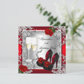 50歳の誕生日パーティー エレガントな赤いバラ シルバー 招待状 (スタンド正面)