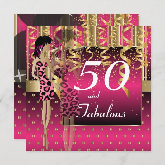 50歳の誕生日パーティー ガールズパーティー | ピンク&ゴールド 招待状 (正面/裏面)