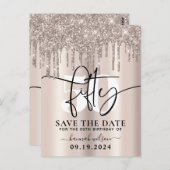 50歳の誕生日パーティー キラキラグリッター Save The Date ポストカード (正面/裏面)