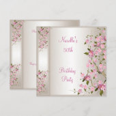 50歳の誕生日パーティー　クリームシルク　ピンクの花 招待状 (正面/裏面)