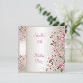 50歳の誕生日パーティー　クリームシルク　ピンクの花 招待状 (スタンド正面)