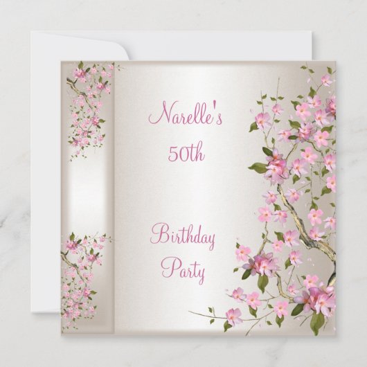 50歳の誕生日パーティー　クリームシルク　ピンクの花 招待状 (正面)