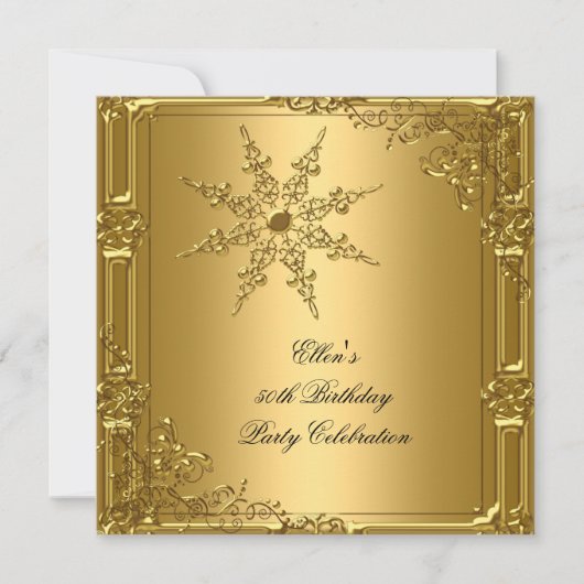 50歳の誕生日パーティー ゴールド スノーフレーク 招待状 (正面)