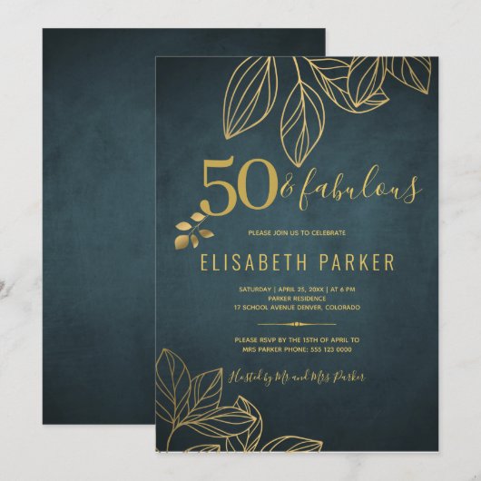 50歳の誕生日パーティー ゴールド ネイビー 50周年記念パーティー 招待状 (正面/裏面)