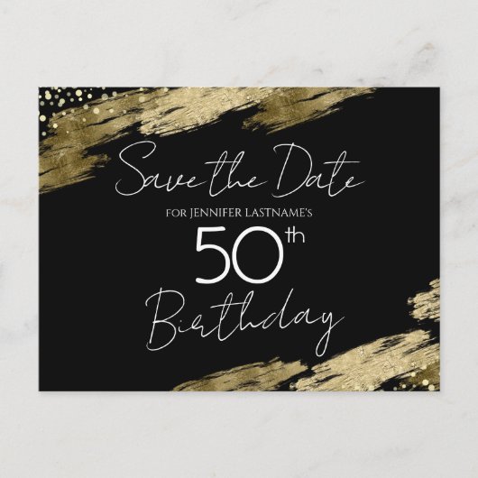 50歳の誕生日パーティー ゴールド ブラック Save the Date ポストカード (正面)