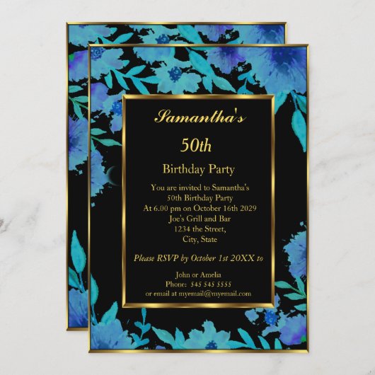 50歳の誕生日パーティー ゴールド ブルー 花 フラワーリング 招待状 (正面/裏面)