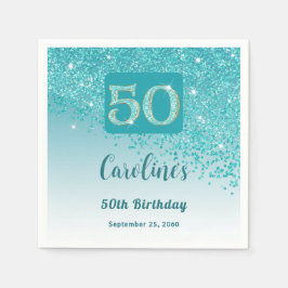 50歳の誕生日パーティー スパークリング ティールブルー グリッター スタンダードカクテルナプキン