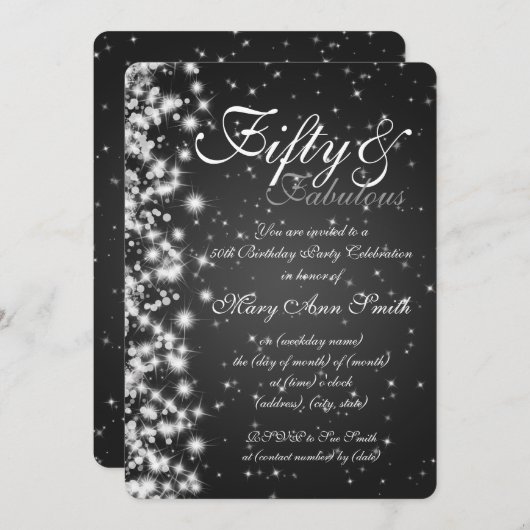 50歳の誕生日パーティー、スパークルブラック 招待状 (正面/裏面)