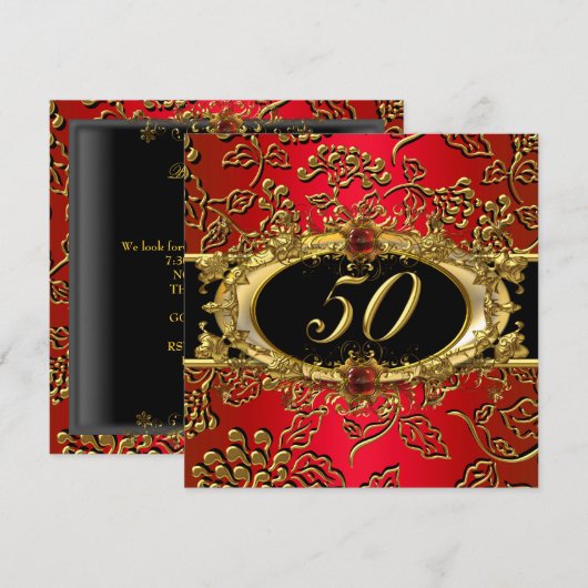 50歳の誕生日パーティー ダマスク柄 赤 金 黒 招待状 (正面/裏面)