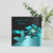 50歳の誕生日パーティー ティールブルー 蝶 招待状 (スタンド正面)