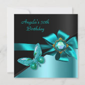 50歳の誕生日パーティー ティールブルー 蝶 招待状 (正面)