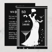 50歳の誕生日パーティー ディーバ アートデコ 黒 白 招待状 (正面/裏面)