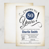 50歳の誕生日パーティー - ネイビーブルー ブラック ホワイト 招待状 (正面/裏面)